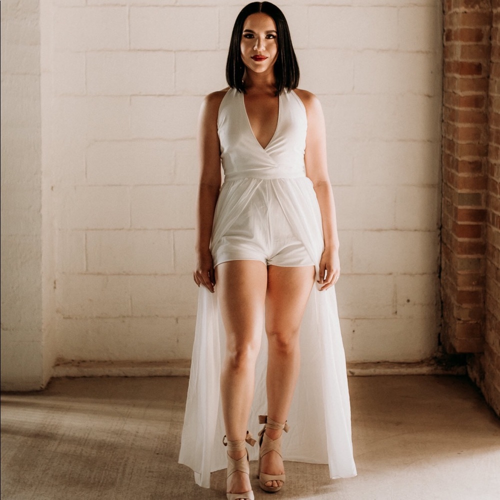 White halter short jumpsuit with skirt